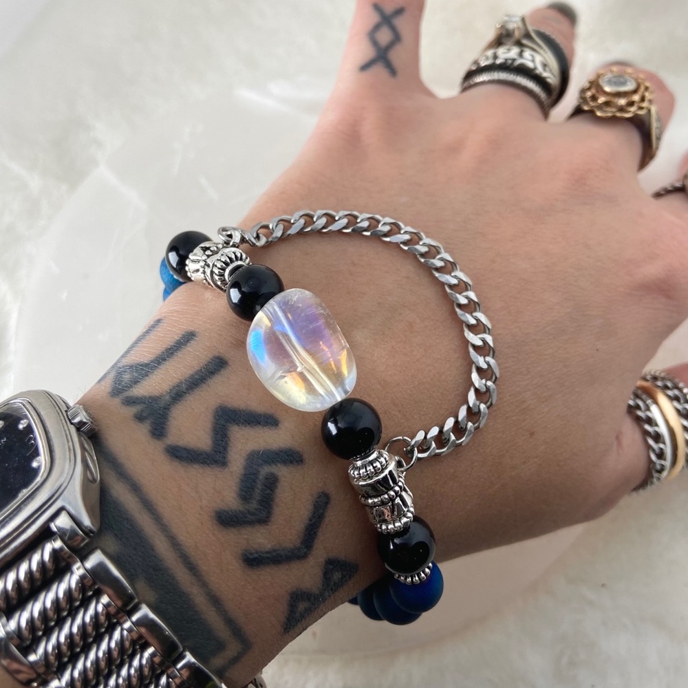 Aura crystal + blue druzy quartz & onyx + chain - Picture 8 of 12